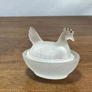 Vintage Miniature Frosted Glass Hen on Nest Basket 2.25"L Salt Cellar Mini